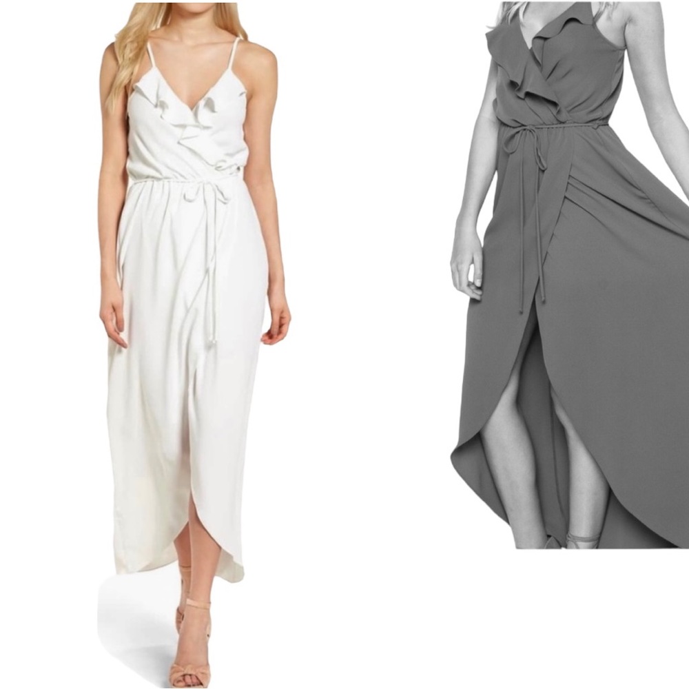 Everly Ruffle Front Tie Waist Mock Wrap Slit Maxi Dress White Large Resort Party - Picture 2 of 13